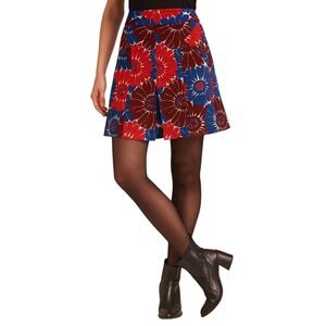 Boden Floral Skirt Women Size 4R Red Blue A-Line Knee Length Pleated 100% Cotton